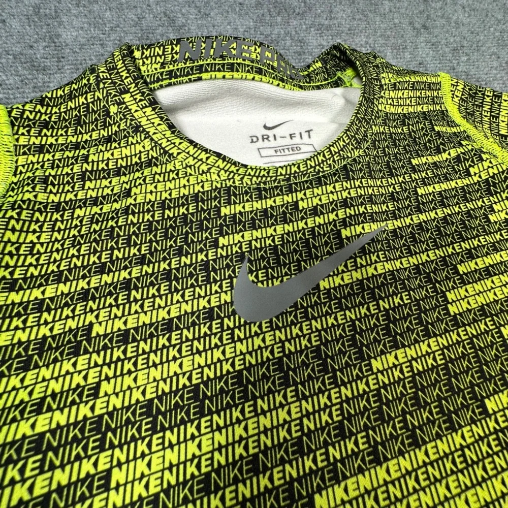 Nike Pro Kids Dri-FIT Compression Shirt Neon Yellow Black Logo Print Small S